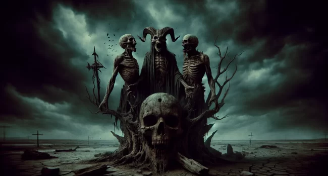 Inquietante representación visual ilustrativa del concepto de la trinidad diabólica en un contexto apocalíptico.